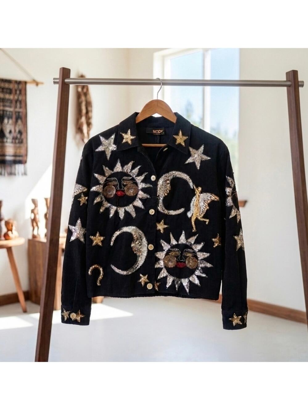 Vintage L Celestial Modi Denim Black Jacket Sequin Sun Moon Stars Angel 90s